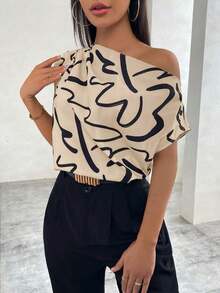 Blusa asimétrica con cuello estampado para mujer - Caqui - Ver 4