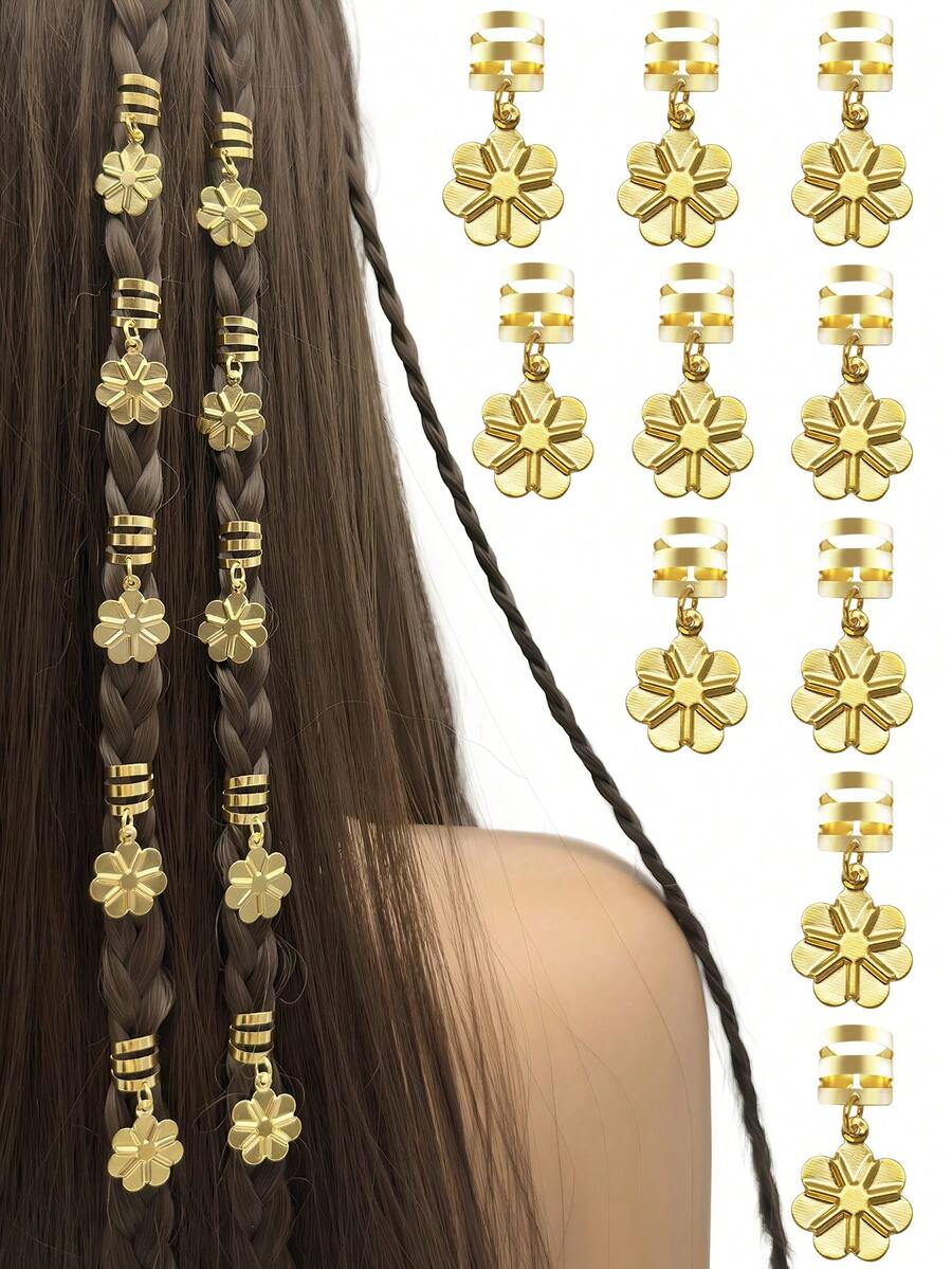 10个金色花朵发圈 – 优雅可调节发箍,精致波西米亚风发饰,适合脏辫和编发 - 金色 - 查看 1