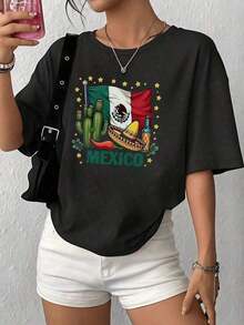 Soft Cotton T-Shirt For Women. Mexican Flag With Cactus, Sombrero, Chili Pepper, And Bottle Celebrating National Pride In Vibrant Colors. Comfortable And Casual T-Shirt For Women, 100% Cotton. Oversized Printed T-Shirt For Women, Casual Summer Wear. - 黑色 - 查看 6