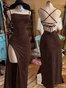 Vestido con abertura de unicolor para mujer - Cafetería - Ver 4
