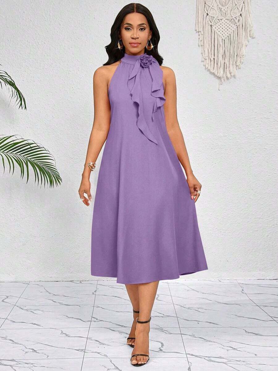 Lady Vestido de longitud media naranja con decoración de volantes florales tridimensionales en el cuello.Elegante y holgado para damas.Ideal para vacaciones de primavera y verano.Estilo bohemio. - Púrpura malva - Ver 1