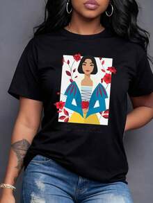 Colorful Portrait Of A Woman Holding An Apple Surrounded By Red Flowers, Symbolizing Purity, Hope, And Inner Feminine Strength. Casual, Comfortable, And Modern Women's T-Shirt, Short Sleeves. - 黑色 - 查看 7