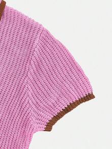 Blusa de punto de cuello polo de manga corta para mujer, con detalles de botones y recortes, con ribetes contrastantes - Uso casual y cómodo para el verano, versátil para el estilo diario de calle - Lila Púrpura - Ver 10