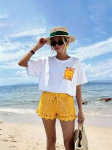 Camiseta de manga corta con cuello redondo y estampado sencillo en talla grande,Playeras de Mujer Verano Estampado Gráfico  2026 - Blanco - Ver 2
