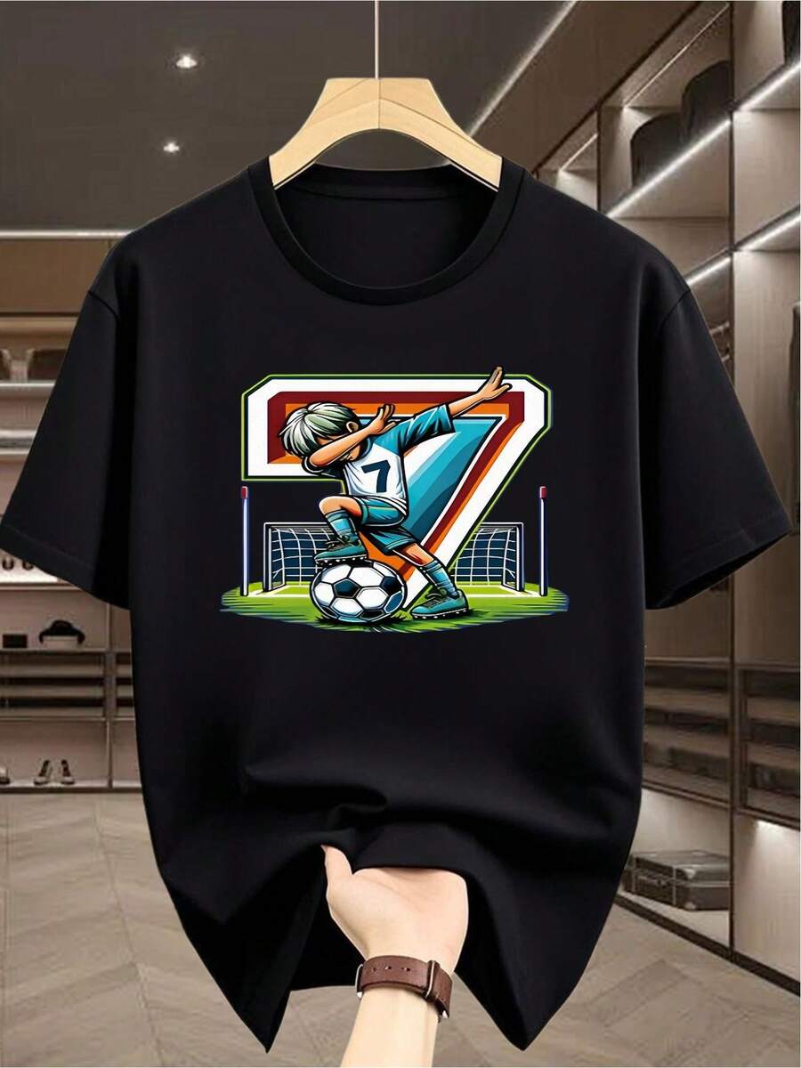 Camiseta de manga corta para hombre con estampado de jugador de fútbol de dibujos animados número 7 |   Cuello redondo casual, corte regular, tejido ligeramente elástico, perfecta para el verano, seda de hielo, secado rápido, absorción de humedad, malla transpirable, sin opresión - Negro - Ver 1