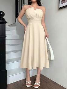 abyoxi Đầm midi dáng chữ A màu trắng ngà, thắt eo chéo phía trước - Phong cách thanh lịch thường ngày - Màu be - Xem 6