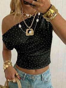 Conjunto de ropa casual y minimalista para deportes, calle, fiestas, aeropuerto, con estampado a rayas rosado y marrón de estilo universitario, apto para festivales de música, outfit de verano para mujer, top corto asimétrico y fruncido ajust - Multicolor - Ver 7