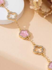 1 chiếc vòng chân cổ điển, thanh lịch, sang trọng, lấp lánh kiểu Pháp retro, màu hồng ngọt ngào hình cỏ bốn lá rỗng dành cho bé gái - Hồng - Xem 4