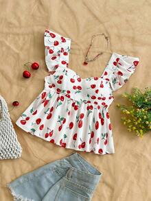 Blusa de corte de línea A con cuello cuadrado, manga corta y estampado retro azul y blanco, adecuada para fiestas, citas, el Día de San Valentín, el té de la tarde - Rojo - Ver 5