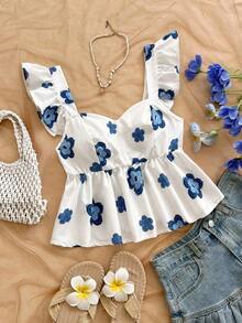 Blusa de corte de línea A con cuello cuadrado, manga corta y estampado retro azul y blanco, adecuada para fiestas, citas, el Día de San Valentín, el té de la tarde - Azul y blanco 4 - Ver 8