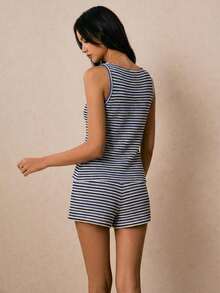 Conjunto de 2 piezas de chaleco y pantalones cortos a rayas de verano casual con decoración de botones.Conjunto de verano para el trabajo - azul real - Ver 6