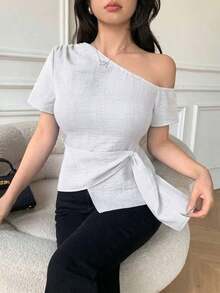 Blusa casual de ajuste ceñido con diseño de cuello con nudo en los hombros elegante para mujeres - Blanco - Ver 3