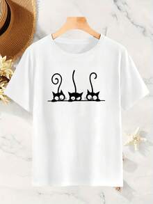 Camiseta de Mujer con Estampado de Tres Gatos - Color Sólido, Estampado Bonito, Cuello Redondo, Manga Corta Sencilla, Camiseta para Amantes de Mascotas, Camiseta Básica Casual de Verano, Corte Holgado a la Moda, Cómoda de Usar, Elasticidad Media, Lavable a Máquina. - Blanco - Ver 2