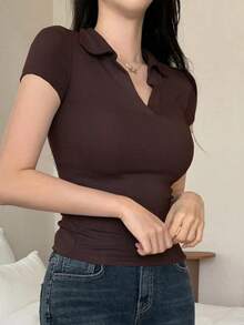 Camiseta polo de manga corta de ajuste ceñido de unicolor para mujer, casual de verano, casual de negocios, tops estilo universitario para mujer - Marrón - Ver 5