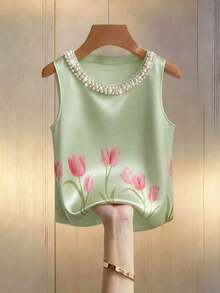 Blusa de tirantes elegante con estampado floral y cuello de perlas brillantes para mujer, adecuada para citas, salidas casuales, ir al trabajo, tomar el té por la tarde, Día de la Madre, Día del Maestro - Verde - Ver 3