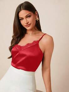 Top de satén azul con encaje elegante y contraste, versátil para usarlo solo en primavera/verano o en capas en otoño/invierno - Rojo - Ver 5