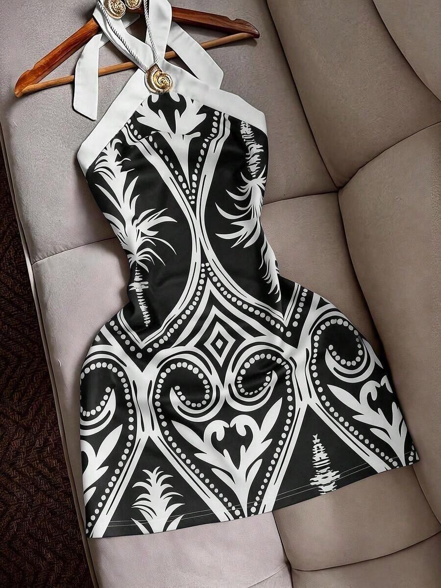Vestido mini ajustado con estampado de bloques de color, con cuello de halter y cintura con lazo, sexy y casual para playa, vacaciones y viajes para mujeres - Negro - Ver 1