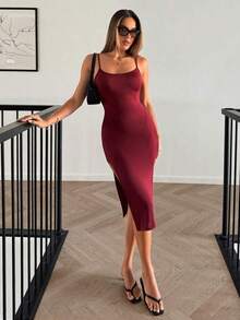 Vestido Ajustado De Tirantes Con Dobladillo Dividido En Color Liso - Burdeos - Ver 7