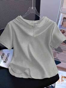 Camiseta con capucha y cremallera asimétrica de manga corta, nueva diseño de top casual para primavera/verano - Gris - Ver 2