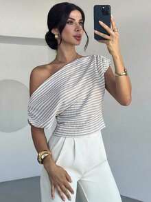 Camiseta de mujer con cuello asimétrico texturizado y mangas tipo murciélago, blusa de tela perforada, adecuada para primavera y verano, para ir al trabajo, elegante, casual, diaria, ocasiones de trabajo.Blusa de mujer de color amarillo claro.Ca - Albaricoque - Ver 4