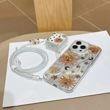 6合1套組：羽毛貝殼與星球圖案手機殼 + 充電頭保護套 + 線材保護套 + 收納繩 + 數據線收納繩，TPU 防震保護殼，相容 iPhone 6-16 Pro Max，適合作為生日與聖誕禮物送給情侶、女兒、女朋友、青少年 - 彩色 - 查看 2