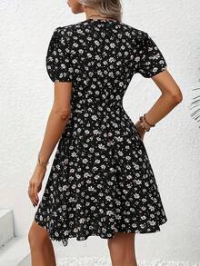 New Women's Summer Dress, Elegant Floral Print, Casual, Vacation Dress, V-Neck, Puff Sleeves - 黑色 - 查看 3