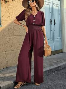 Ladies' Fashionable V-Neck Jumpsuit With Button Up Front Design, Short Bubble Sleeves, Pleated Waist, Wide Leg Flared Pants With Pockets, Perfect For Casual Summer Beach Outings - Màu Đỏ Sâu - Xem 3