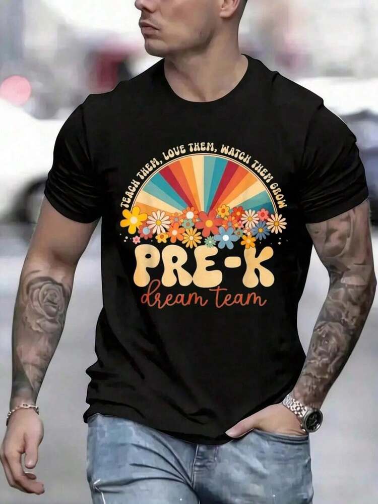 Camiseta Retro Teacher Pre-K Dream – Diseño Divertido y Colorido para Maestros, Camiseta de Algodón para Todas las Temporadas con Patrones Florales y Geométricos - Negro - Añade 2