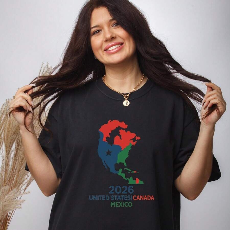 Nueva camiseta unisex de algodón puro, estilo casual, holgada, de cuello redondo, para la Copa Mundial 2026. - Negro - Ver 1