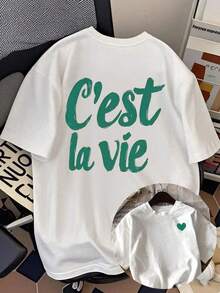 Camiseta Casual Blanca de Cuello Redondo y Manga Corta para Mujer con Estampado del Slogan "C'est la vie", Hombros Caídos, Corte Regular Y6MC - Blanco - Ver 2