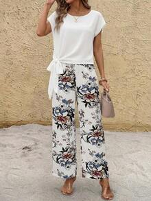 Clasi Conjunto de 2 piezas de blusa con moño elegante y minimalista en color rosa, combinada con pantalones de pierna ancha con estampado floral, adecuado para el verano - Blanco - Ver 8