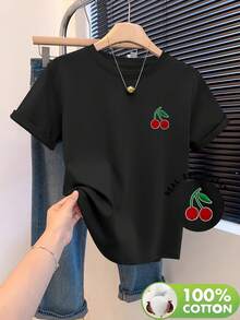 Women's 100% Cotton Embroidered Short-Sleeved T-Shirt With A Round Neck, Made From Soft, Skin-Friendly, Breathable, And Comfortable Fabric. Ideal For Year-Round Wear, Perfect For Casual Outings, Machine Washable, And Ideal For Art And Design Lovers With A Unique Style. - 黑色 - 查看 1