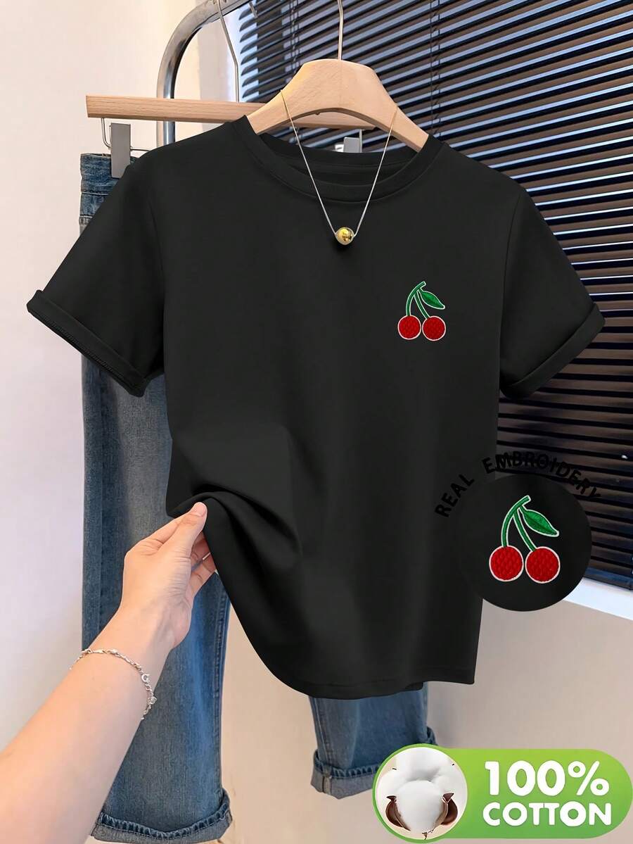 Women's 100% Cotton Embroidered Short-Sleeved T-Shirt With A Round Neck, Made From Soft, Skin-Friendly, Breathable, And Comfortable Fabric. Ideal For Year-Round Wear, Perfect For Casual Outings, Machine Washable, And Ideal For Art And Design Lovers With A Unique Style. - 黑色 - 查看 1