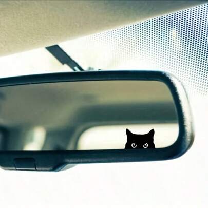 4 piezas Pegatinas de gato negro asomándose - Pegatinas decorativas de vinilo PVC con efecto pop-up activadas por un botón oculto, fáciles de instalar en los espejos retrovisores del coche (sin herramientas necesarias)