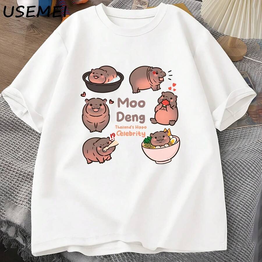 Camiseta de manga corta de algodón para hombre, camisa divertida de Moo Deng Bouncy Pig in Thailand Baby hipo Khao Kheow Open Zoo - forma - Ver 1