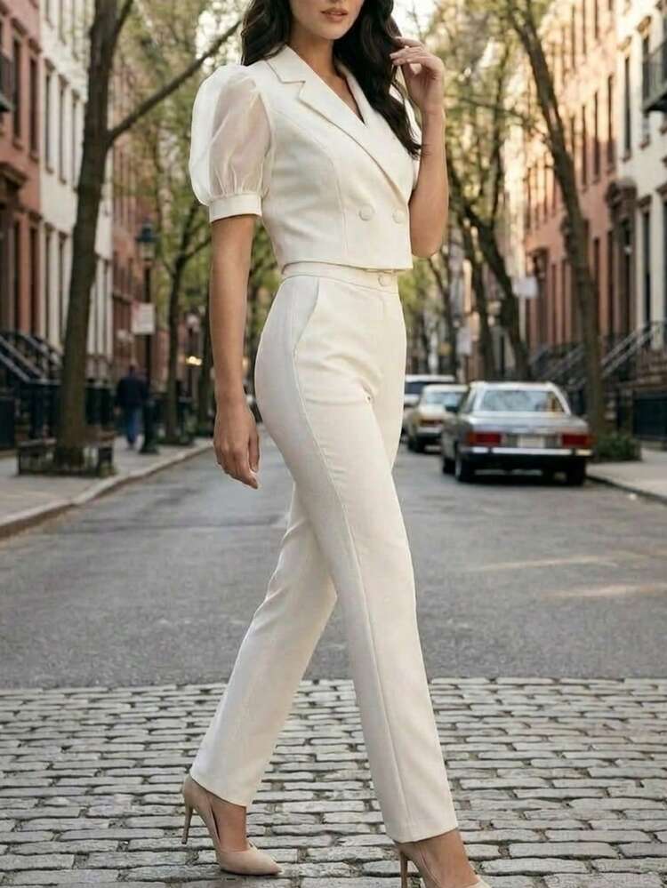 Conjunto de 2 piezas elegante, Traje para mujer blazer corto con mangas abullonadas y pantalón recto, traje formal y casual ideal para oficina o trabajo, eventos y reuniones, diseño moderno - Blanco - Añade 5