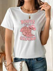 Camiseta de manga corta estilo vaquero occidental para mujer - Presenta un estampado de bota rosa y una bota con pedrería brillante, una blusa elegante y única de manga corta y cuello redondo, adecuada para fiestas campestres, rodeos y uso casual - Prenda transpirable para primavera/verano 100% algodón - Blanco - Ver 6