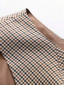 Chaleco casual de mujer con botones frontales y bolsillos, de tela tejida a cuadros, para primavera, otoño y verano - Café integral - Ver 3