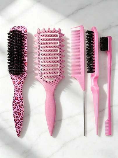 5pcs Hollow Elastic Massage Combs, Long Handle Cleaning Brushes, Leopard Print Combs. Essential Items For School, Travel And Vacation.