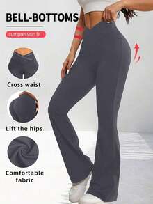 Pantalones acampanados con cintura cruzada para mujer, pantalones deportivos y de yoga de unicolor de poliéster de alta elasticidad, pantalones casuales largos con cintura cruzada, mallas ajustadas de unicolor para entrenamiento, pantalones de pierna ancha de tejido de punto adecuados para fitness y uso casual, negro, primavera - Gris Oscuro - Ver 3