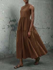 Vestido casual de vacaciones con diseño de volantes escalonados en verde jade, vestido cómodo con cuello redondo, división horizontal, parches y fruncidos, atuendo bohemio de playa, elegante vestido de estilo occidental para vacaciones de muje - Marrón - Ver 1