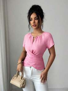 Blusa de manga corta con cuello redondo, estilo envolvente, elegante y casual, con cinturón y cuentas, adecuada para ir al trabajo, citas, y uso durante todo el año en primavera/verano.Blusa elegante para damas, apropiada para fiestas, citas, oficina, negocios, vida diaria en primavera/verano, temporada de graduación, Día del Maestro, vuelta al colegio, Acción de Gracias.Blusa de manga corta para uso diario, de unicolor con cuentas. - Rosa - Ver 6