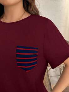 Camiseta casual de talla grande con bolsillo y rayas de contraste, prenda de vestir occidental estilo boho bohemio, top de festival de los 90, verano y primavera - Burdeos - Ver 3