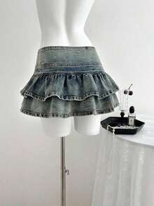 Falda de mezclilla de moda para mujer con diseño de cintura con botones y dobladillo con doble volante - Azul lavado oscuro 2 - Ver 2