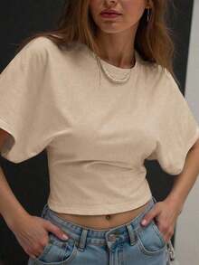 Camiseta blanca casual de mujer de cuello redondo y manga corta, holgada - Beis - Ver 8