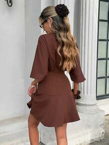 Vestido mini envolvente de unicolor con cuello en V para mujer - Albaricoque 2 - Ver 10
