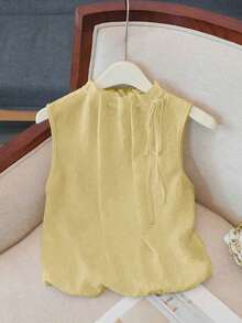 Blusa blanca elegante sin mangas, de cintura elástica, cuello suelto con cordón, de tejido texturizado para mujeres, primavera/verano - Amarillo - Ver 2