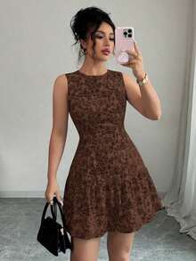 Vestido mini bohemio elegante francés con estampado floral sin mangas y cinturón para mujer, atuendo de graduación para primavera/verano - Marrón Mocha - Ver 7