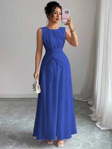 Vestido maxi casual, romántico, vintage y elegante de gasa para mujer con cordón en la cintura, para la playa, el té de la tarde, fiestas de noche, uso diario, sin mangas, de unicolor, vestido largo, primavera/verano - azul real - Ver 3