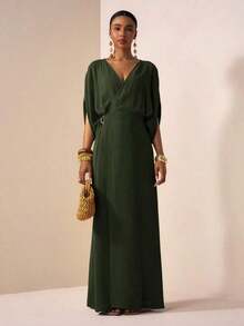 YHHZivah Vestido de lino maxi de manga corta con cuello en V, con cinturón en la cintura, decoración de metal, abertura, fluido, amarillo-verde, para uso en primavera/verano 2026, festivales de música, Pascua, Día de San Patricio, San Valentín, citas, estilo occidental, nómada, fiesta de cumpleaños, graduación, universidad, estudiante, uso diario, versátil básico, casual, vacaciones, crucero, playa, tomar el sol, viral, ropa urbana, invitado de boda bohemio, ir y venir, brunch, aeropuerto, fiesta, salida festiva, atuendo de oficinaYHH - Verde militar - Ver 6